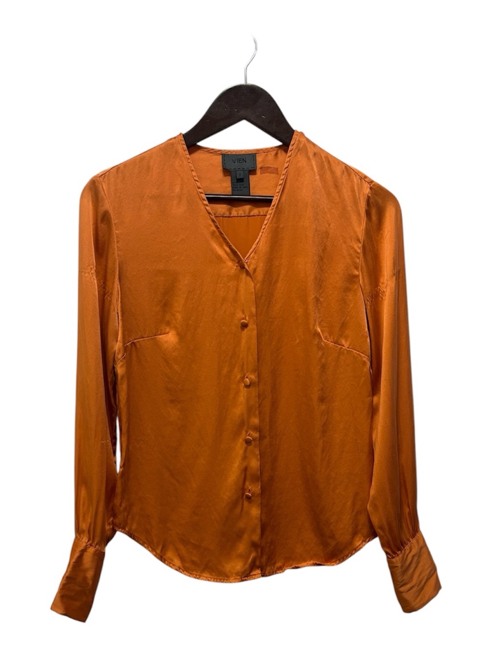 VÍEN Rust Orange Silk Button-Front V-Neck Blouse Luxury Fall Blouse Autumn Tone
